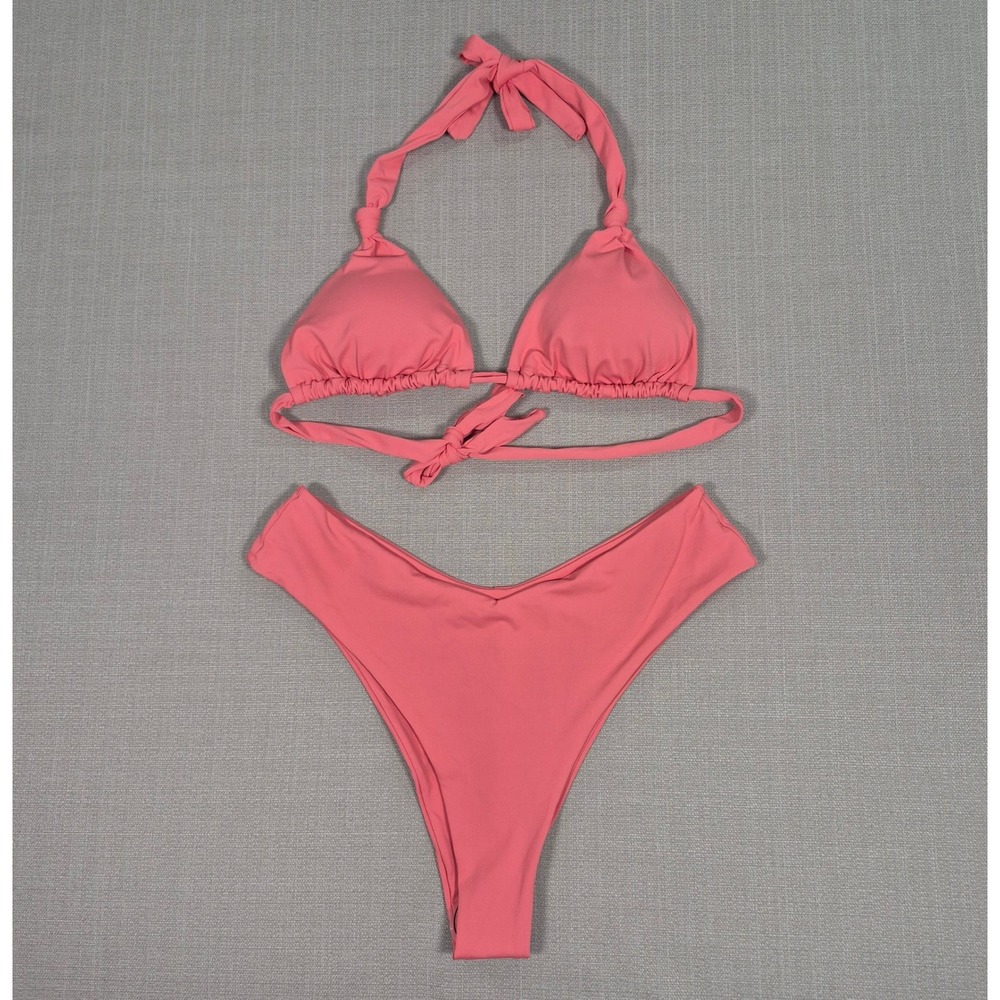 Pink Triangle Halter Bikini Set High Waisted V-Cut Bottoms Size XL